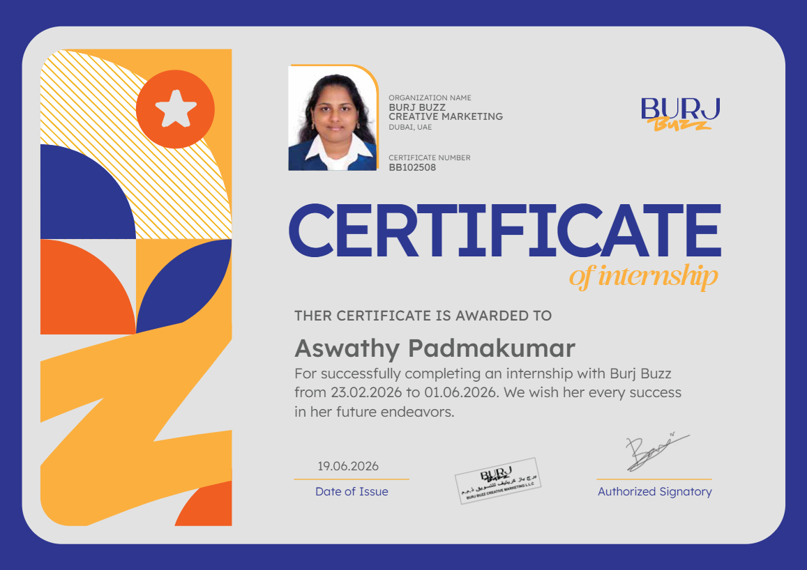 Organic Marketing Internship Certificate awarded to Aswathy Sreejith for practical experience in SEO, content marketing, and organic social media marketing.