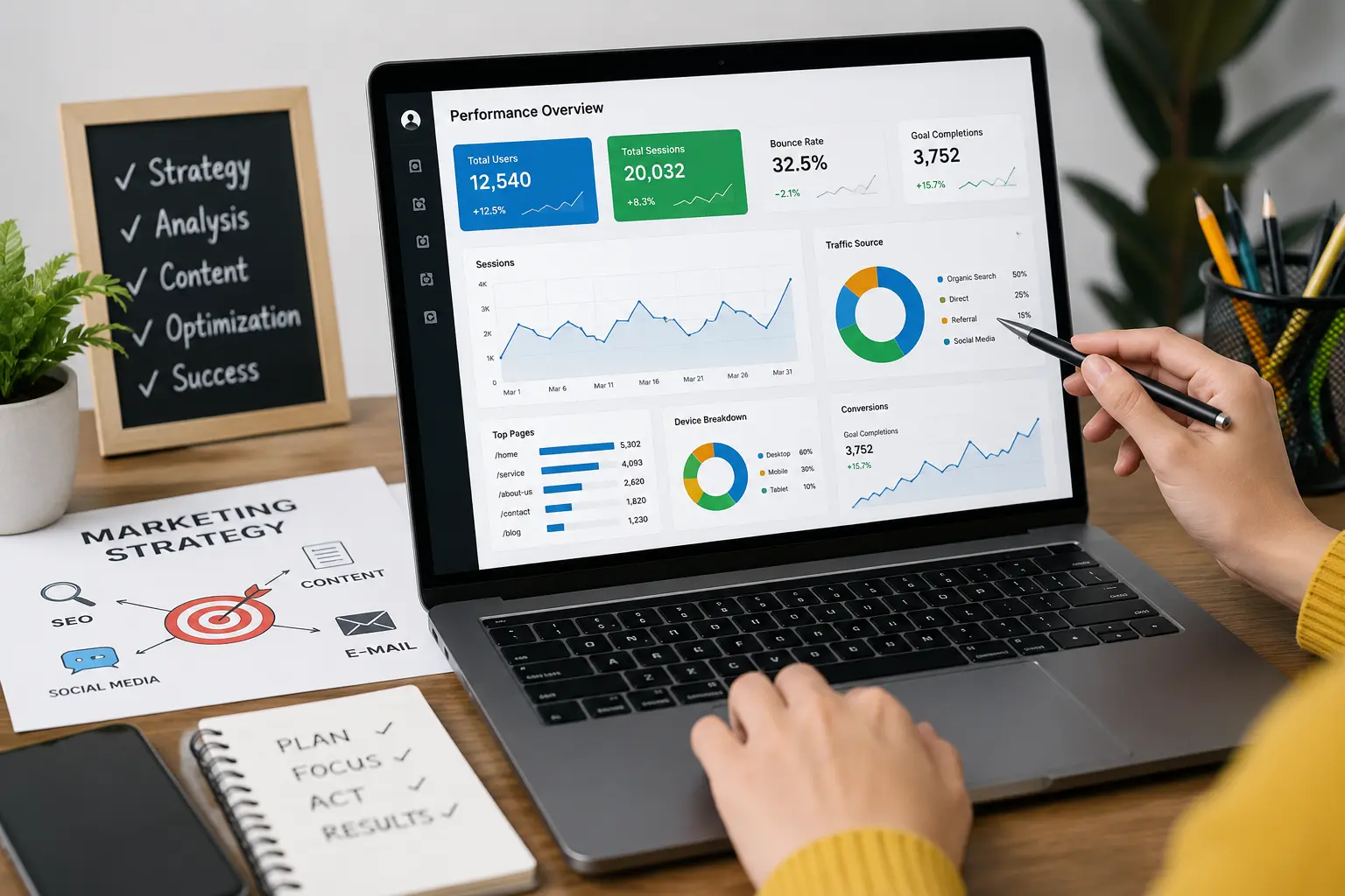 Performance monitoring dashboard analyzing digital marketing campaign metrics and website analytics.