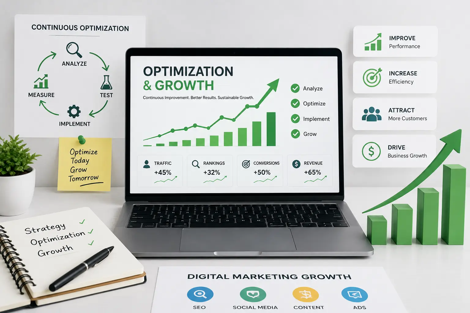 Optimization and growth dashboard showing digital marketing performance, SEO improvements, and business growth analytics.