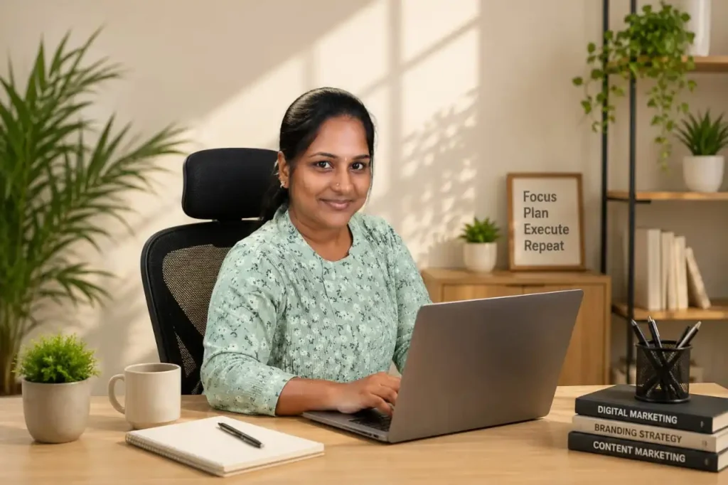 Aswathy Sreejith working on a laptop in a modern home office with a clean wooden desk, indoor plants, books, and warm natural lighting, representing a professional digital
