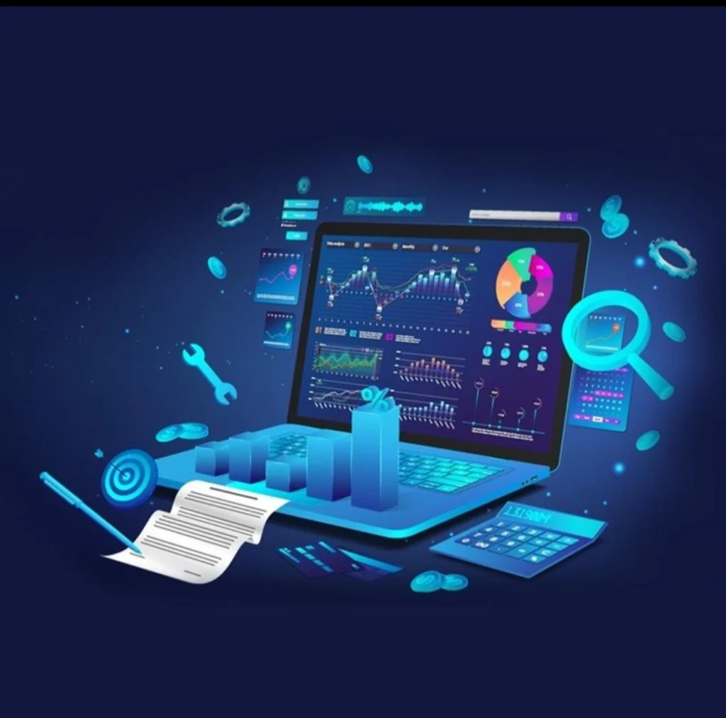Digital marketing analytics dashboard illustration representing SEO, website optimization, content marketing, Google Ads, and business growth.