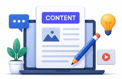 Content marketing illustration with laptop, content creation, and digital publishing elements.