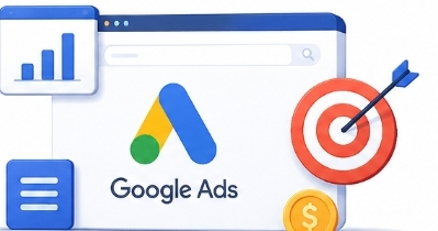 Google Ads and paid advertising illustration with campaign dashboard and target icon.