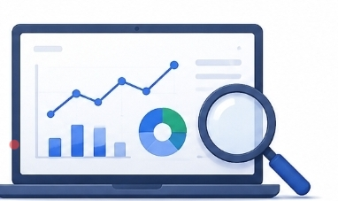 Website analytics and performance dashboard illustration with charts and analytics reports.
