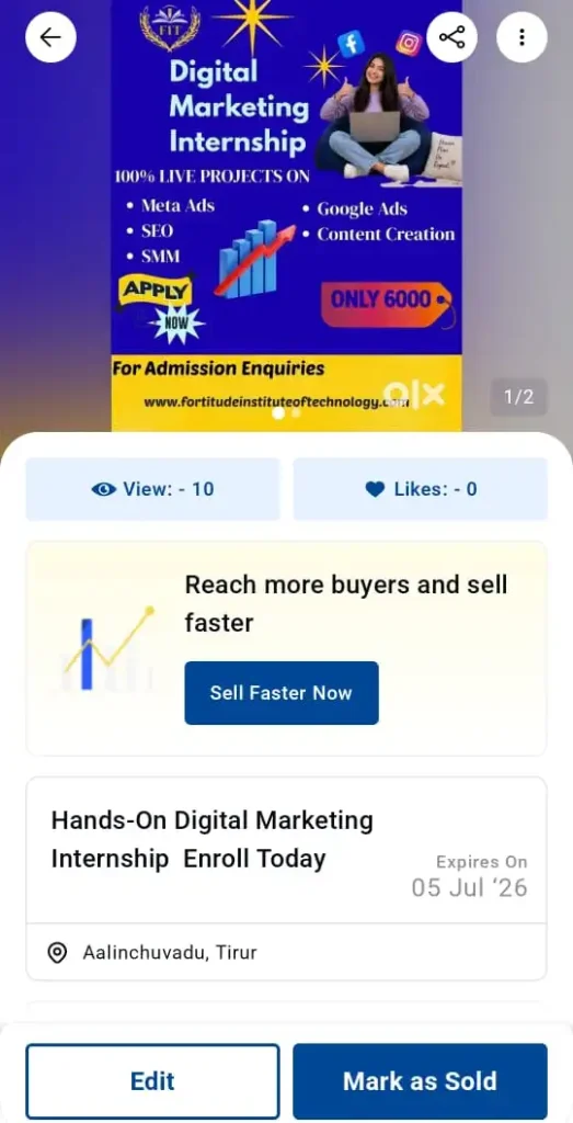 OLX ad campaign dashboard showcasing digital advertising strategy and product listing optimization.