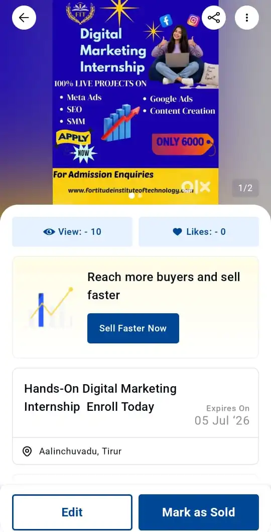 OLX ad campaign dashboard showcasing digital advertising strategy and product listing optimization.