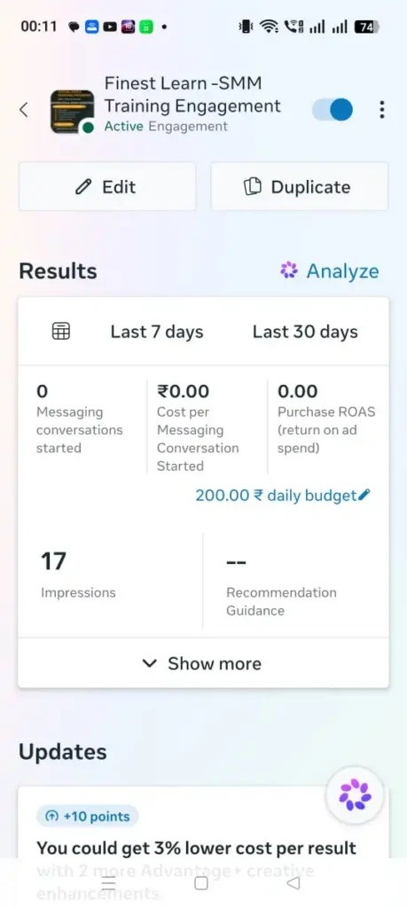 Meta Ads Manager dashboard showing the Finest Learn SMM Training engagement campaign with campaign performance metrics