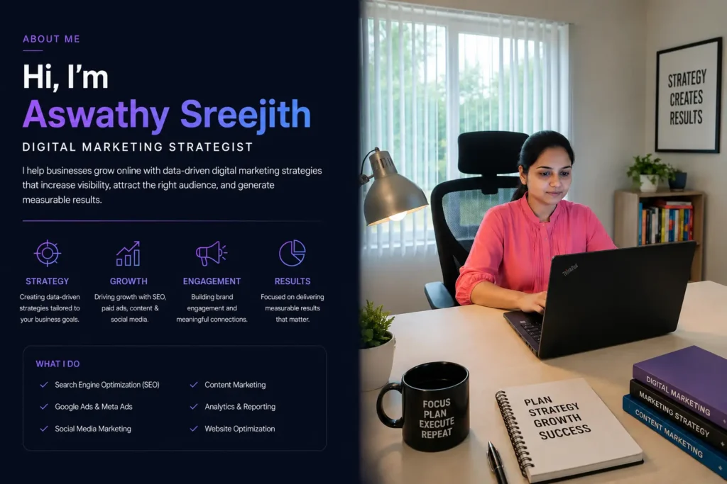 Digital Marketing Strategist Aswathy Sreejith working at a modern office desk showcasing SEO, content marketing, Google Ads, social media marketing, and digital strategy services.