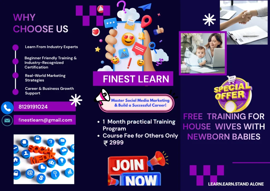 Finest Learn training institute brochure showcasing digital marketing and professional training programs with course information and branding.