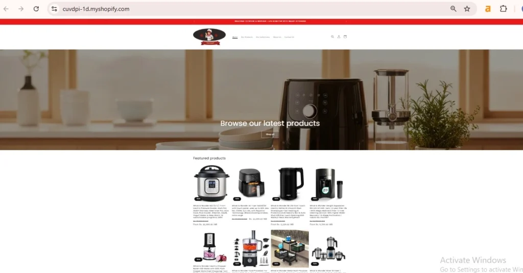 Screenshot of the Whisk & Wonder Shopify home appliances e-commerce website featuring a modern homepage with product categories, featured appliances, and a responsive user interface.